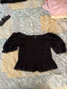 Express Black Off-the-Shoulder Smocked Peplum Blouse, USED STRETCHY BLOUSE